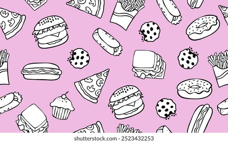 Design de vetor de fundo de padrão de fast food bonito