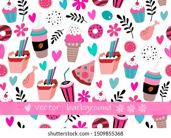 Cute fast food pattern. Sweet background in doodle style