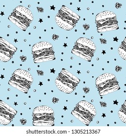 Cute fast food pattern with white and black sketchy burgers on light blue background. Cartoon sketch outline hamburgers texture for fastfood banner, textile, wrapping paper, package, cover