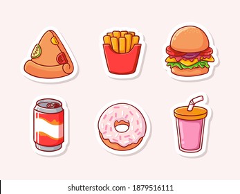 Cute Fast Food (Pizza, French Fries, Burger, Cola Drink, Doughnut, Milkshake) Sticker Illustration Set