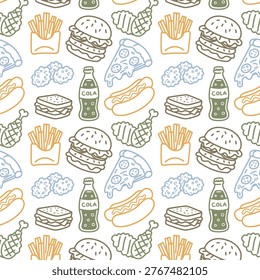 Cute Fast Food Seamless Pattern with Pizza, Hotdog and Drinks Background