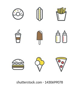 Cute fast food set. 9 icons. Simple Design.