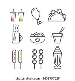Cute fast food set. 9 icons. Simple Design. Cola. Chicken. Taco. Tea. Chips. Noodles. Sausage. Kebab. Ice Cream.