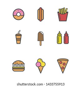 Cute fast food set. 9 icons. Simple Design. Donut. Hot Dog. Fries. Coffee. Ice Cream. Ketchup . Mustard. Burger. Pizza.