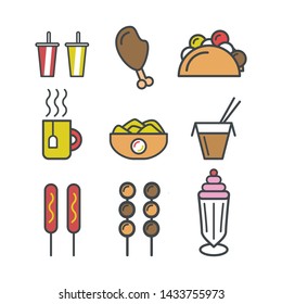 Cute fast food set. 9 icons. Simple Design. Cola. Chicken. Taco. Tea. Chips. Noodles. Sausage. Kebab. Ice Cream.