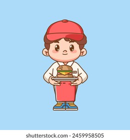 Mesero de comida rápida lindo servir hamburguesa kawaii chibi personaje mascota ilustración esquema estilo diseño conjunto