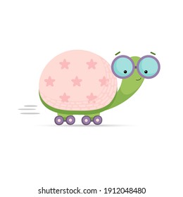 Cute, fast, funny illustration of a turtle on rollers. Race. Business character concept for
little children.