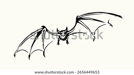 Cute fast nocturne cave bloodsuck mouse bird eye isolate white midnight sky backdrop. Line dark ink pen hand drawn logo emblem logotype old retro doodle engrav contour print art style paper text space
