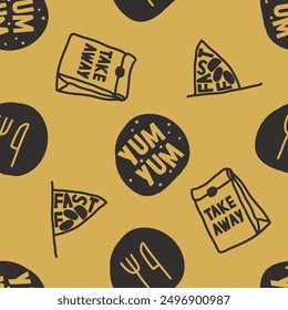 Cute fastfood seamless pattern. Template for Notebook covers, pattern for wallpapers, textile or for cafe, fast food restaurant. hand-drawn vector childish naive art illustration. junk food