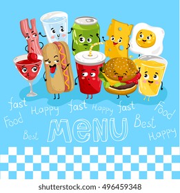 Dibujo vectorial aislado de personajes de bebidas divertidas y comida rápida. Divertido icono de la cara de la comida. Emoji de comida. Jugo gracioso, perro caliente riéndose. Caricatura emoticono cara de comida linda. El concepto de comida divertida.