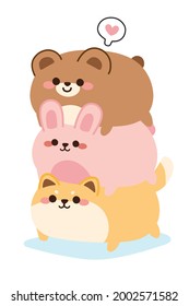 Cute fat animal cartoon on white background.Shiba inu dog,rabbit,bear hand drawn.Image for sticker,logo,shirt screen,kid.Art.Kawaii.Isolated.Vector.Illustration.