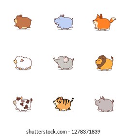 Cute fat animals cartoon icon set, vector illustration