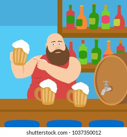 cute fat bartender pours golden foam beer in mugs at the bar