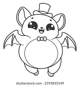 Cute fat bat feels happy wearing a hat, for coloring