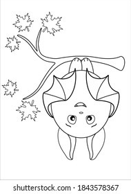 Cute fat bat hanging upside down on a maple branch - vector linear illustration for coloring. Outline. A bat on an autumn tree getting ready for bed - a funny children's picture for a coloring book.