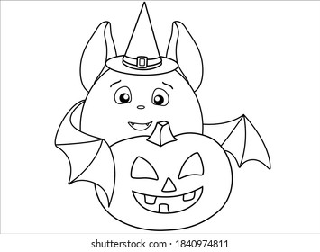 A cute fat bat in a magic hat carries a Halloween pumpkin - a linear stock illustration for coloring. Bat, Jack's Lantern and Witch's Hat are a coloring book element.