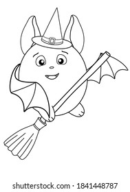 Cute fat bat in a magic hat flies on a broomstick - linear stock illustration for coloring. Bat, broom and witch hat - coloring book element.