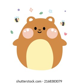 Cute fat bear with bee and flower on white background.Wild animal character design.Isolated.Kawaii.Vector.Illustration.