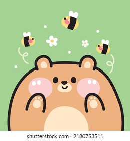 Cute fat bear with bee and flower on green background.Animal character cartoon design.Spring.Isolated.Kawaii.Vector.Illustration.