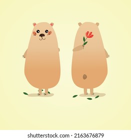 a cute fat bear hides a flower behind his back. positive romantic illustration
