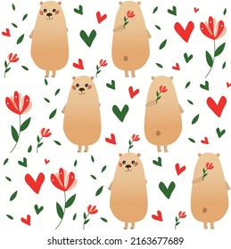 un oso gordo adorable esconde una flor detrás de su espalda. ilustración romántica positiva. corazones rojos y verdes, flores. fondo romántico, patrón