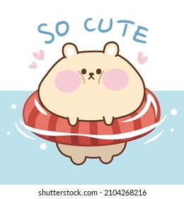 Cute fat bear wear swimming ring in the pool.Animals character design.Summer holiday relax concept.Isolated.Background.Kid product.Baby cloth.Vector.Illustration.