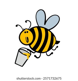 Cute fat bee is flying in the sky. Vector illustration of a striped black and yellow friendly insect carrying a bucket full of honey. Funny animal character on white background.
