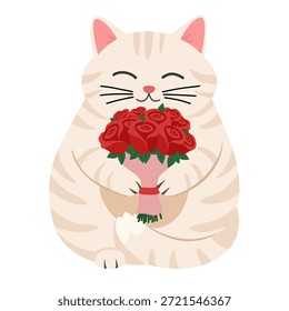 Süße, fettbeige Katze, die einen Strauß roter Rosen hält, einzeln auf Weiß. Lustige Creme tabby Kätzchen mit Blumen. Vektor-Cartoon-Charakter für Valentinstag-Karte, Muttertag oder romantischen Aufkleber.