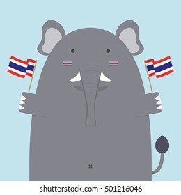 cute fat big elephant holding Thai flag and painted face on light blue background