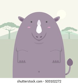 cute fat big rhino on light africa field background