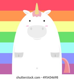 Cute Fat Big Unicorn Horse On Rainbow Background