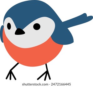 A cute fat bird with a long tail, a white face, an orange belly and a dark blue back is standing in cartoon style.