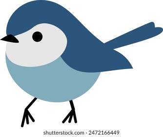 A cute fat bird with a long tail, a white face, a light blue belly and a dark blue back is standing in cartoon style.