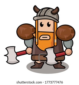 A cute fat blonde viking vector/illustration/mascot wearing helmet with double axe