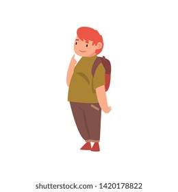 Cute Fat Boy with Backpack, Overweight Child Character Vector Illustration