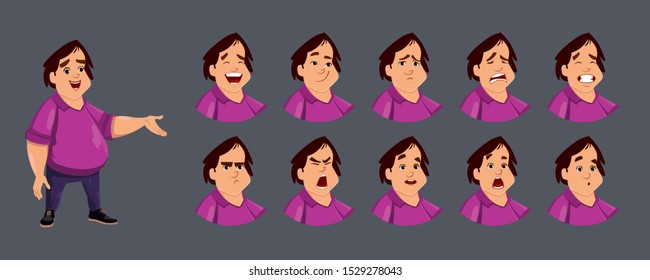 Cute fat boy character with various facial emotions. character design set for animation, motion design or something else.