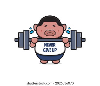 Cute fat boy do weight lifting never give up cartoon icon illustration. Design isolated flat cartoon style