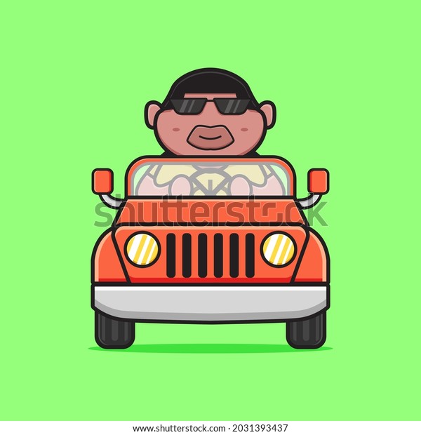 Cute fat boy driving car cartoon icon\
illustration. Design isolated flat cartoon\
style
