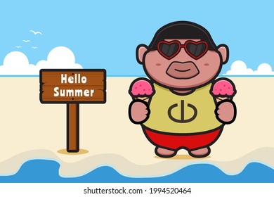 Cute fat boy holding ice cream with a summer greeting banner cartoon vector icon illustration. Design isolated on orange yellow. Flat cartoon style.