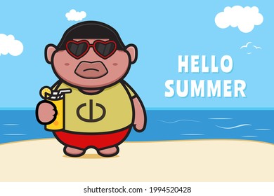 Cute fat boy holding orange juice with a summer greeting banner cartoon vector icon illustration. Design isolated on orange yellow. Flat cartoon style.