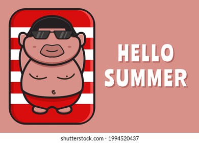 Cute fat boy relaxes with a summer greeting banner cartoon vector icon illustration. Design isolated on blue. Flat cartoon style.