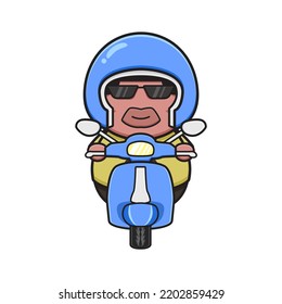 Cute fat boy is riding scooter mascot cartoon icon clip art illustration. Design isolated flat cartoon style