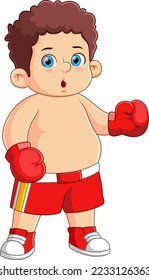 A cute fat boy using red boxing gloves of illustration