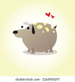 cute fat brown dog with yellow spots. black ears and tail, small paws. light background. baby illustration