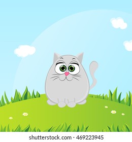 A cute and fat cartoon cat sitting on a green grassy hill. This cheerful scene with a blue sky is a perfect vector illustration for a children's book, greeting card, or spring-themed design.