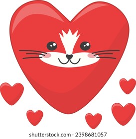 Cute fat cartoon cat valentine for valentine's day. Happy kitten face in the form of a big red heart