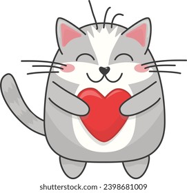 Cute fat cartoon gray cat valentine for valentine's day. Happy kitten holding a heart and smiling.