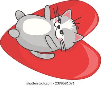 Cute fat cartoon gray cat valentine for valentine's day. A happy kitten lies on a heart pillow and is ready to cuddle.