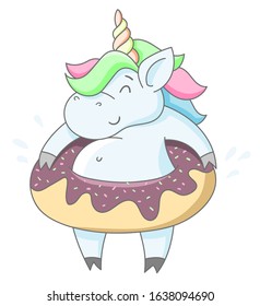Cute fat cartoon unicorn in a donut swimming ring. Children's illustration isolated on a white background. Can be used as a picture on a t-shirt or postcard.