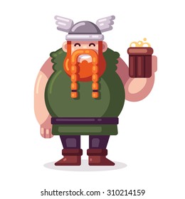 Cute Fat Cartoon Viking With Beer In Flat Vector Style.